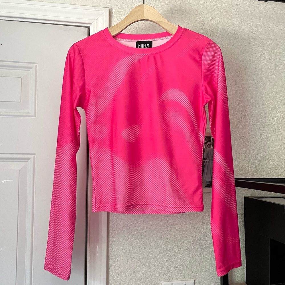 NIIHAI pink print graphic digital long sleeve crew neck knit cropped‎ tee tshirt